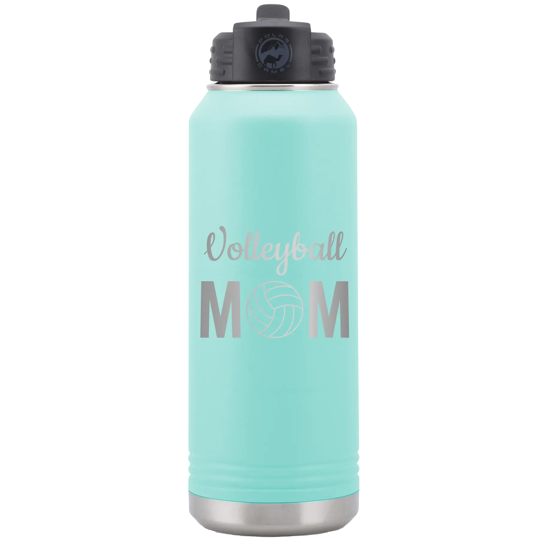 Laser etched teal 32 oz vacuum insulated water bottle with 'Mom Volleyball2' design