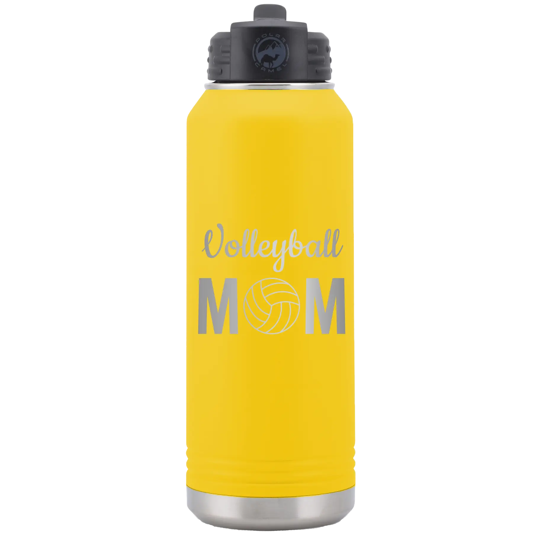 Laser etched yellow 32 oz vacuum insulated water bottle with 'Mom Volleyball2' design