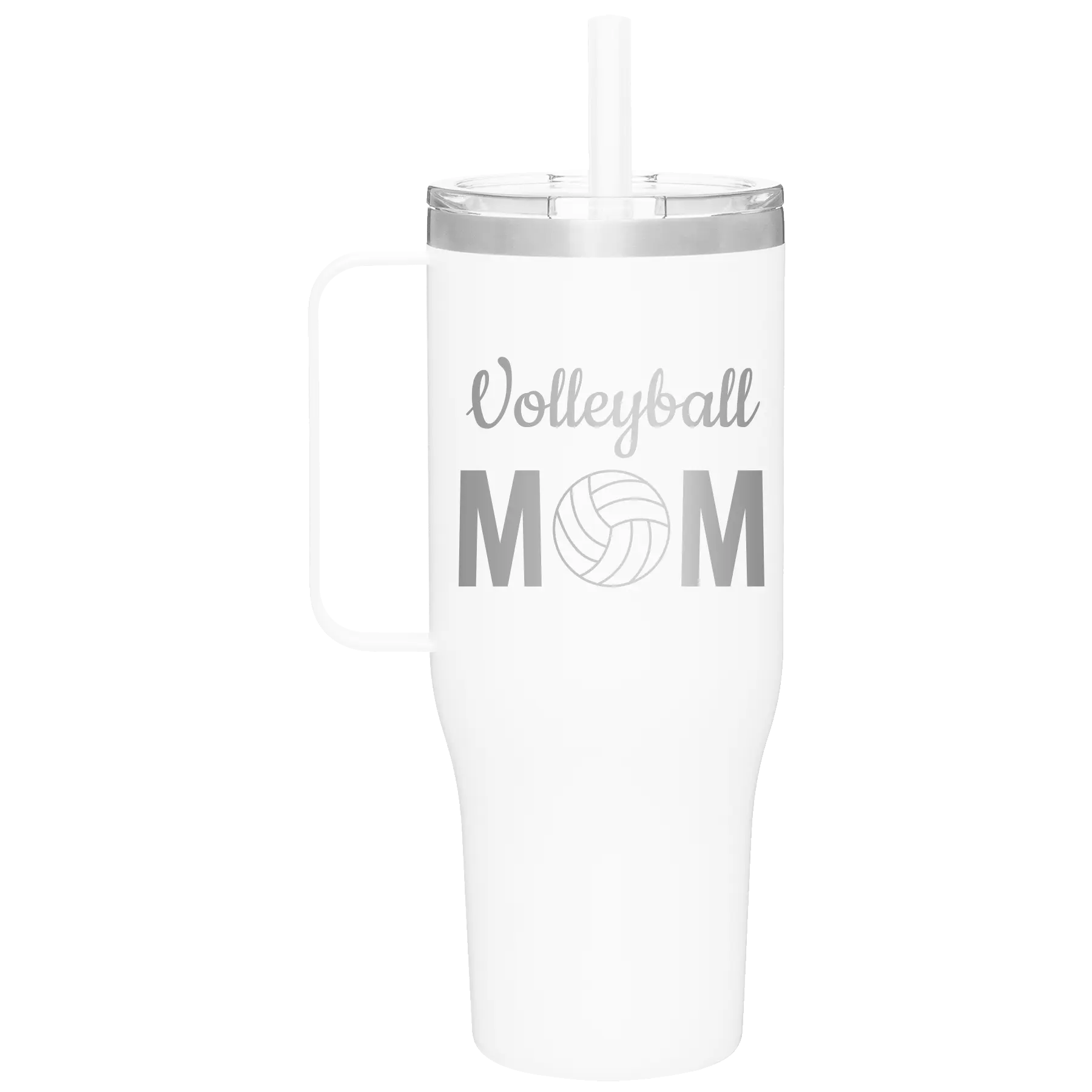 Laser etched white 40 oz vacuum insulated tumbler mug with 'Mom Volleyball2' design