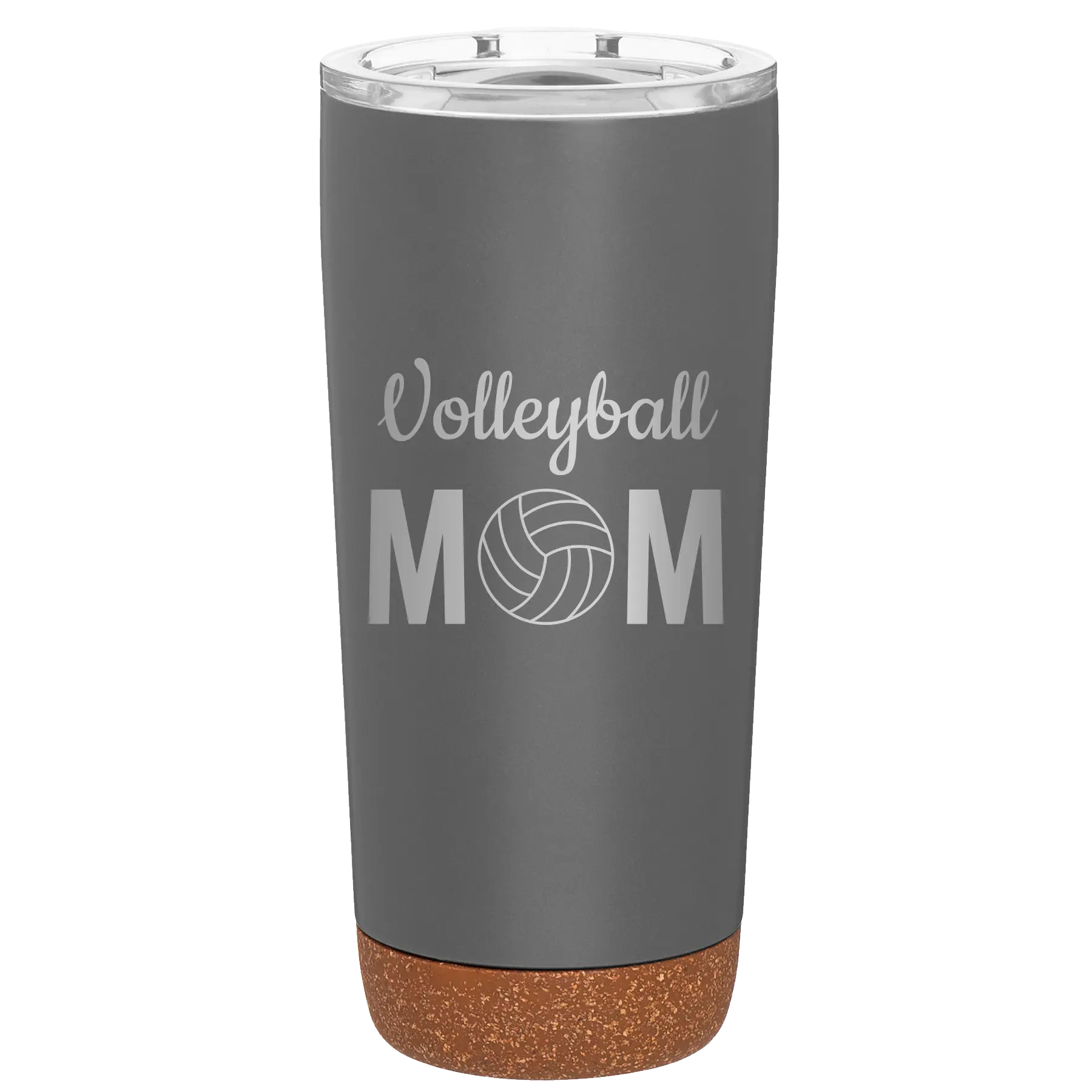 Laser etched storm gray 20 oz vacuum insulated tumbler with 'Mom Volleyball2' design