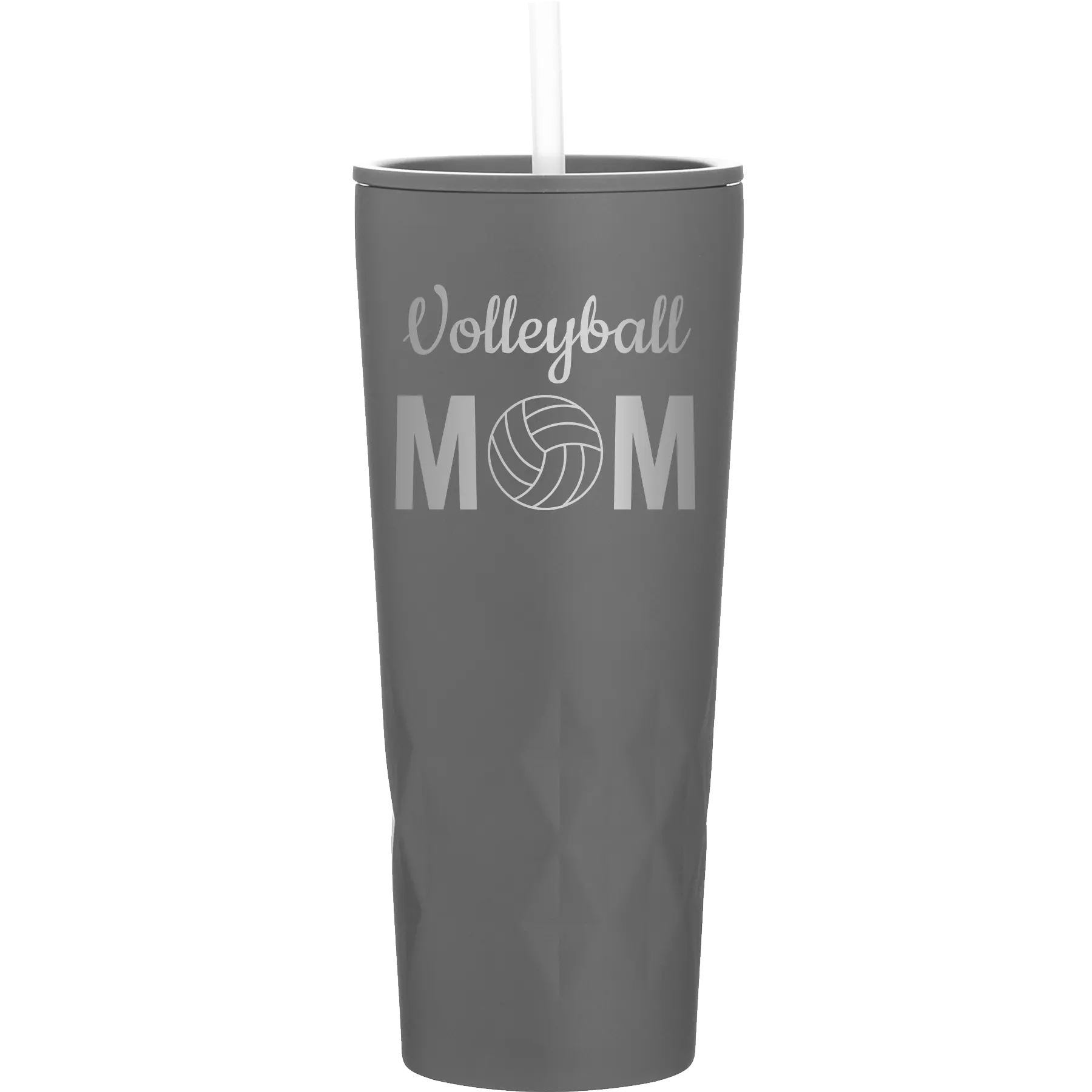 Laser etched slate 20 oz vacuum insulated tumbler with 'Mom Volleyball2' design