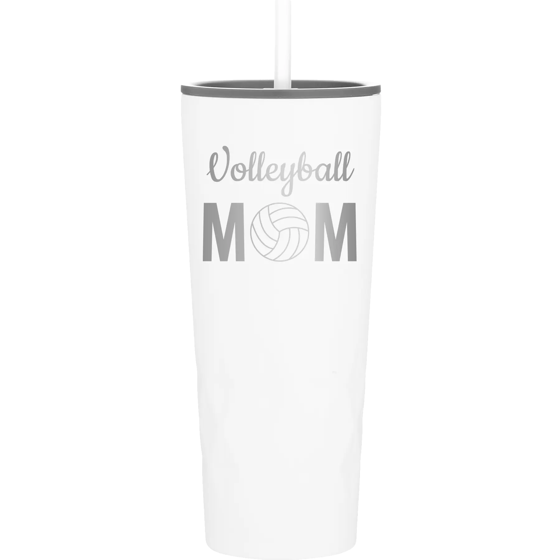Laser etched white 20 oz vacuum insulated tumbler with 'Mom Volleyball2' design