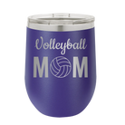 Laser etched purple 12 oz vacuum insulated wine cup with 'Mom Volleyball2' design