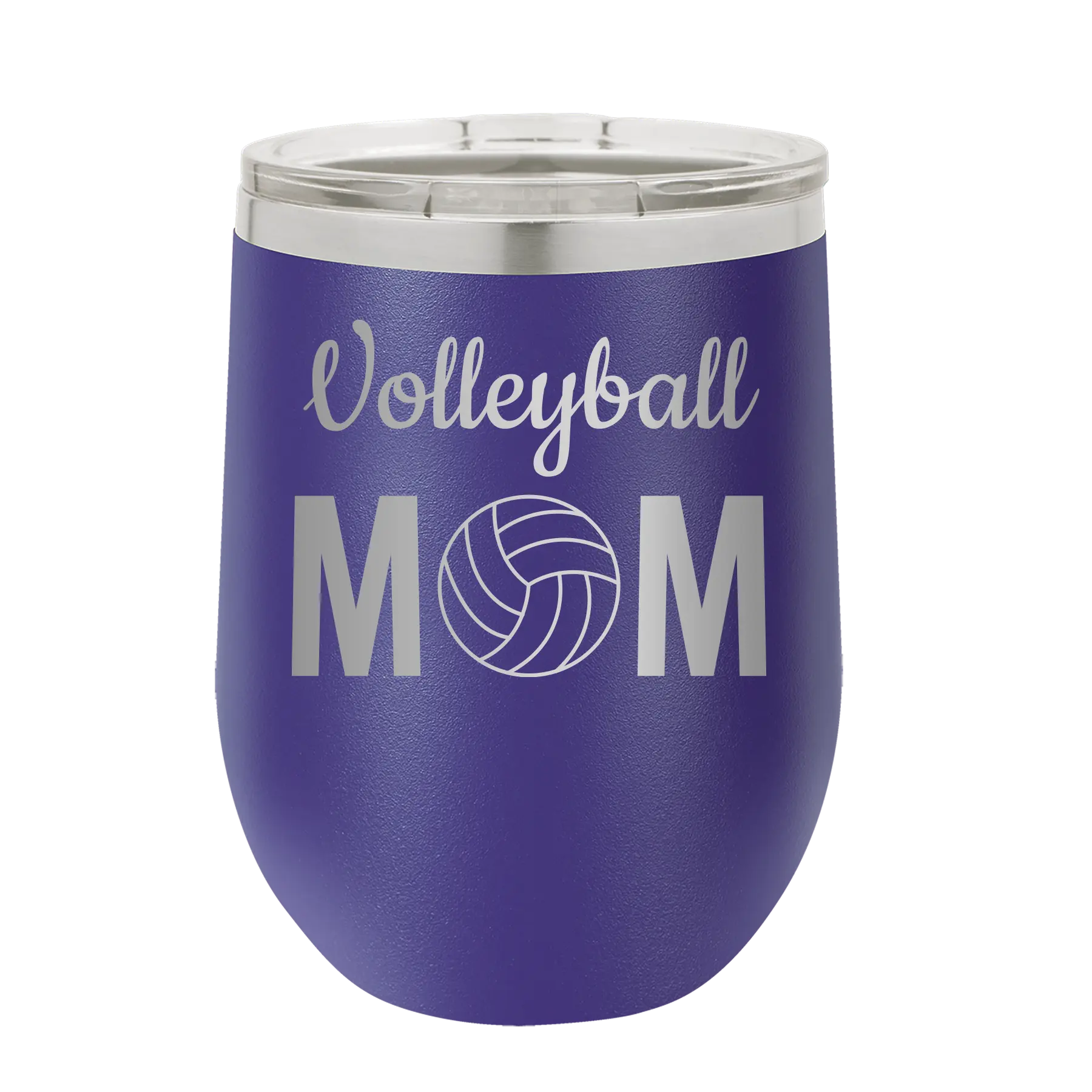Laser etched purple 12 oz vacuum insulated wine cup with 'Mom Volleyball2' design