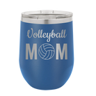 Laser etched royal blue 12 oz vacuum insulated wine cup with 'Mom Volleyball2' design