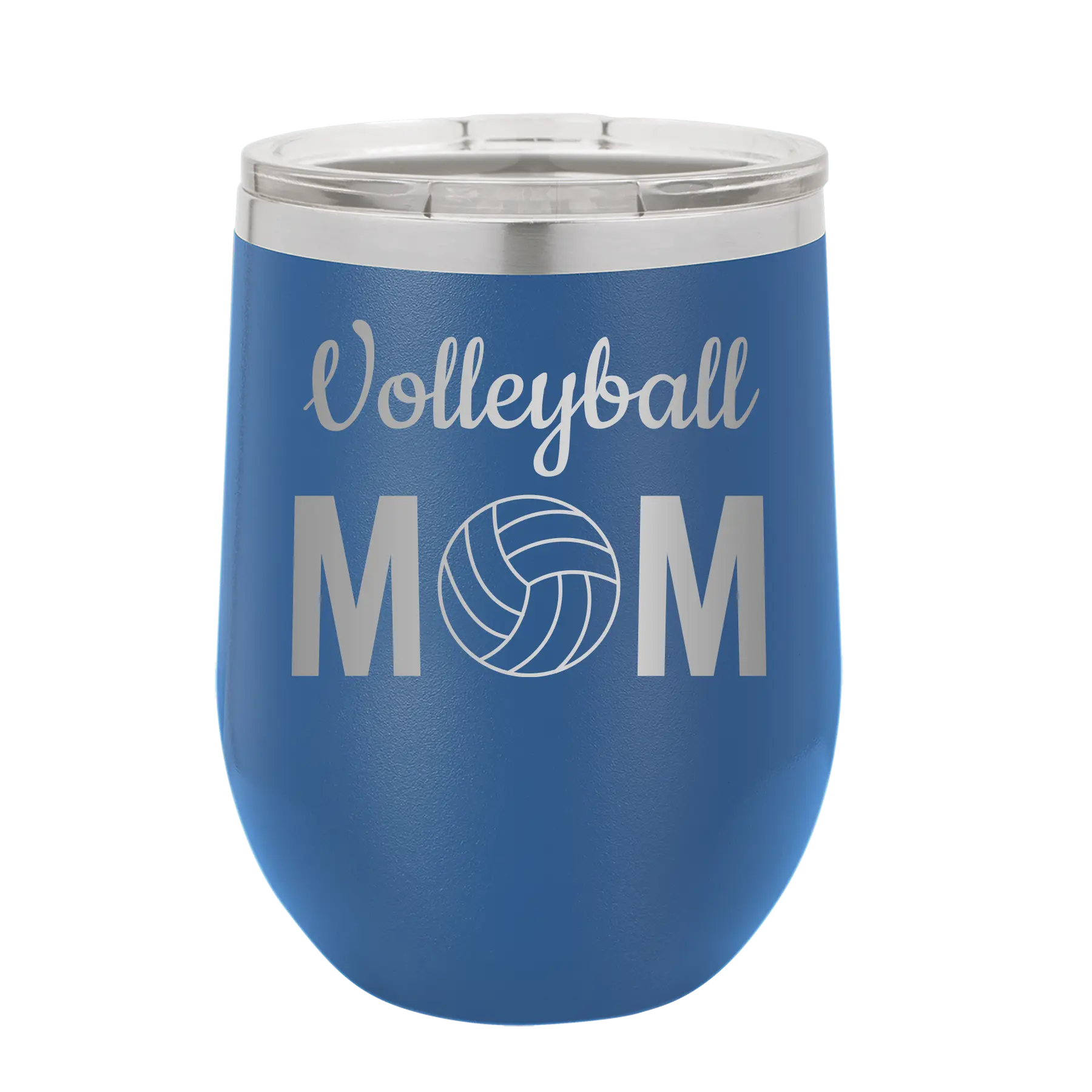 Laser etched royal blue 12 oz vacuum insulated wine cup with 'Mom Volleyball2' design
