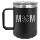 Laser etched black 15 oz vacuum insulated coffee mug with 'Mom Volleyball' design
