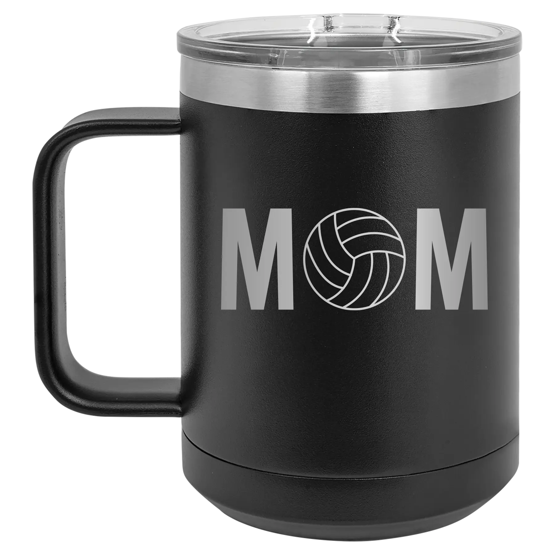 Laser etched black 15 oz vacuum insulated coffee mug with 'Mom Volleyball' design
