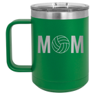 Laser etched green 15 oz vacuum insulated coffee mug with 'Mom Volleyball' design