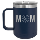 Laser etched navy 15 oz vacuum insulated coffee mug with 'Mom Volleyball' design