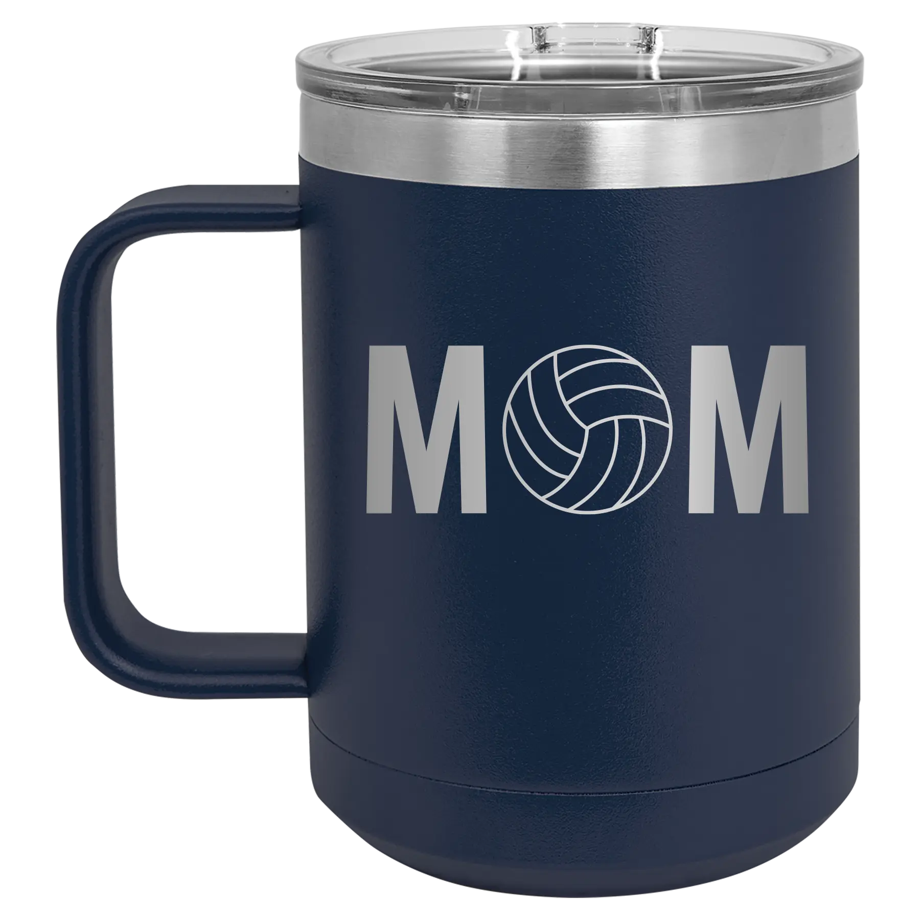 Laser etched navy 15 oz vacuum insulated coffee mug with 'Mom Volleyball' design