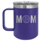 Laser etched purple 15 oz vacuum insulated coffee mug with 'Mom Volleyball' design