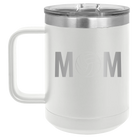 Laser etched white 15 oz vacuum insulated coffee mug with 'Mom Volleyball' design