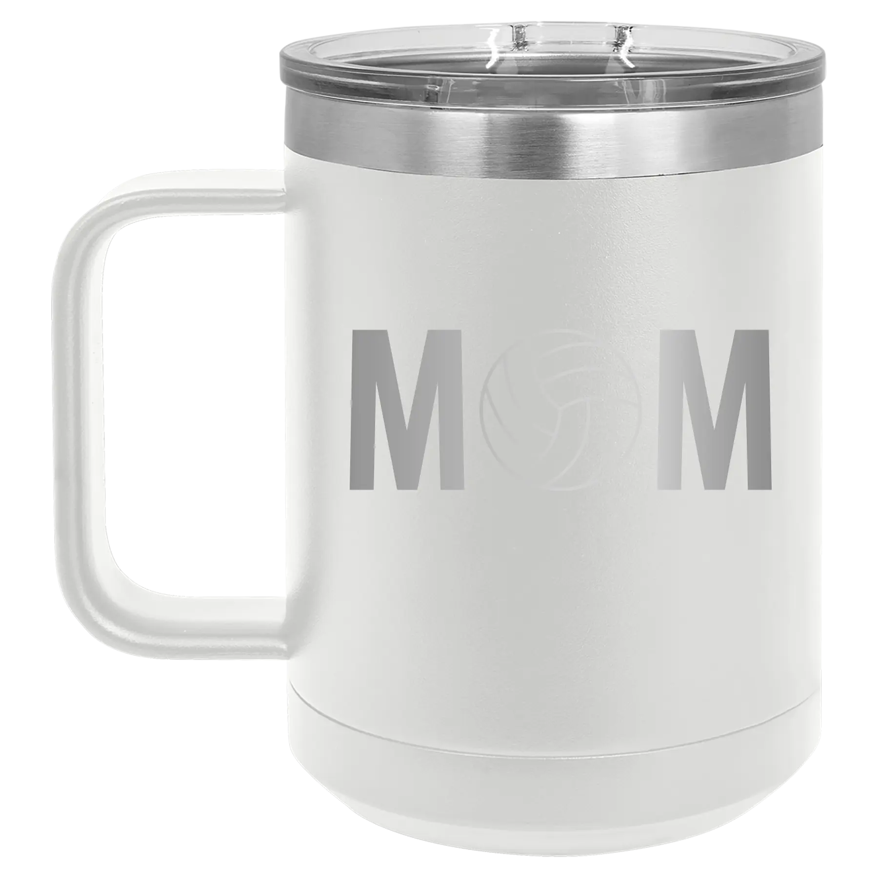 Laser etched white 15 oz vacuum insulated coffee mug with 'Mom Volleyball' design