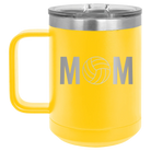 Laser etched yellow 15 oz vacuum insulated coffee mug with 'Mom Volleyball' design