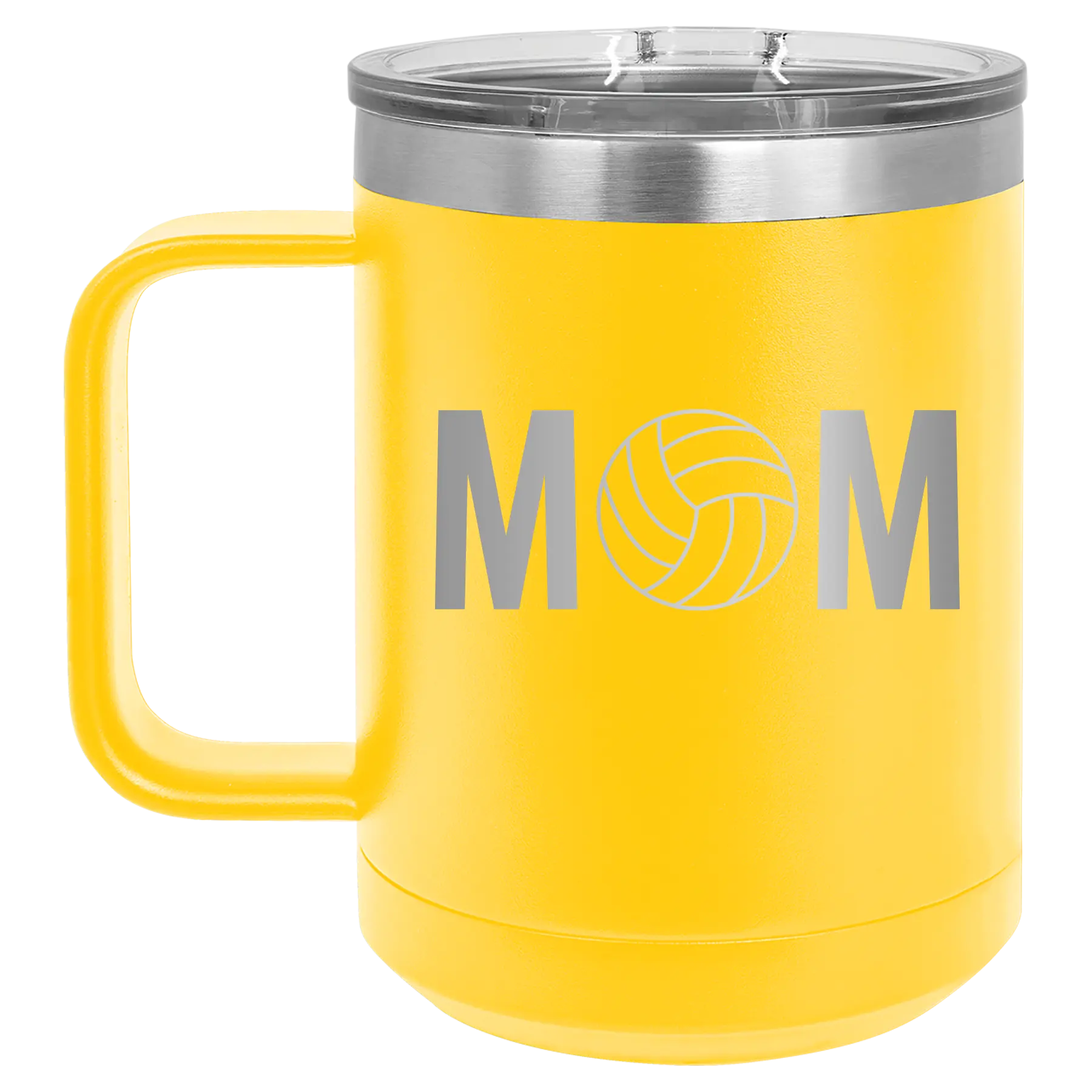 Laser etched yellow 15 oz vacuum insulated coffee mug with 'Mom Volleyball' design