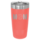 Laser etched coral 20 oz vacuum insulated tumbler with 'Mom Volleyball' design