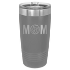 Laser etched dark gray 20 oz vacuum insulated tumbler with 'Mom Volleyball' design