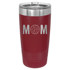 Laser etched maroon 20 oz vacuum insulated tumbler with 'Mom Volleyball' design