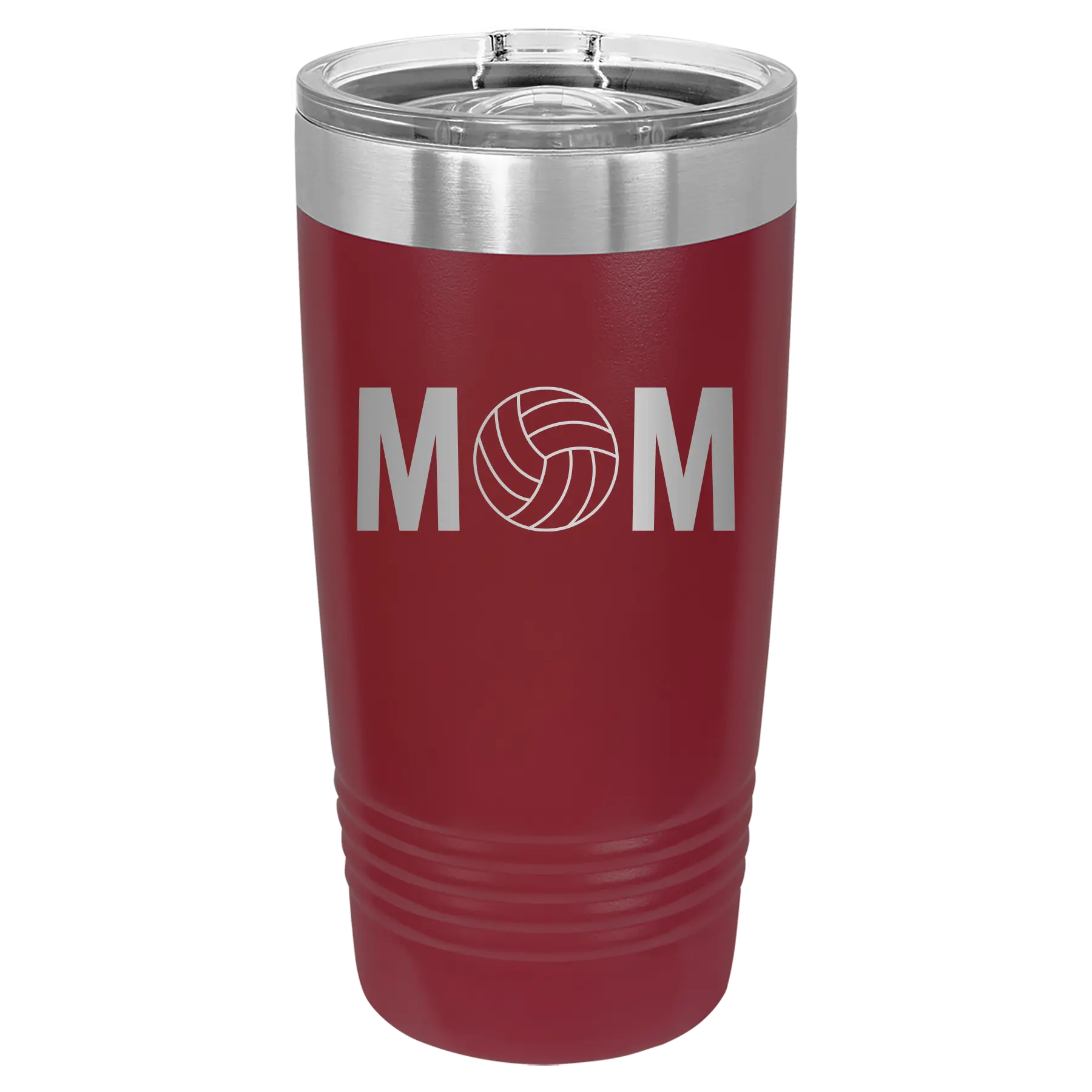 Laser etched maroon 20 oz vacuum insulated tumbler with 'Mom Volleyball' design