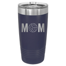 Laser etched navy 20 oz vacuum insulated tumbler with 'Mom Volleyball' design
