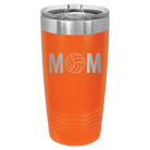 Laser etched orange 20 oz vacuum insulated tumbler with 'Mom Volleyball' design