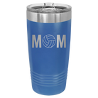 Laser etched royal blue 20 oz vacuum insulated tumbler with 'Mom Volleyball' design