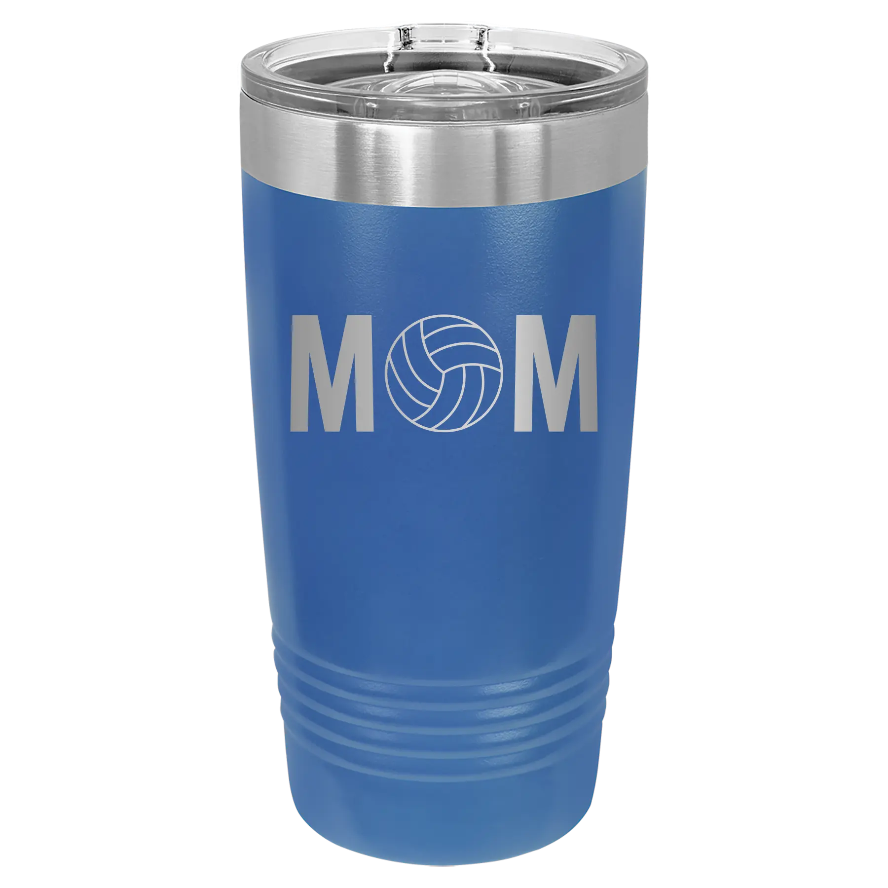 Laser etched royal blue 20 oz vacuum insulated tumbler with 'Mom Volleyball' design