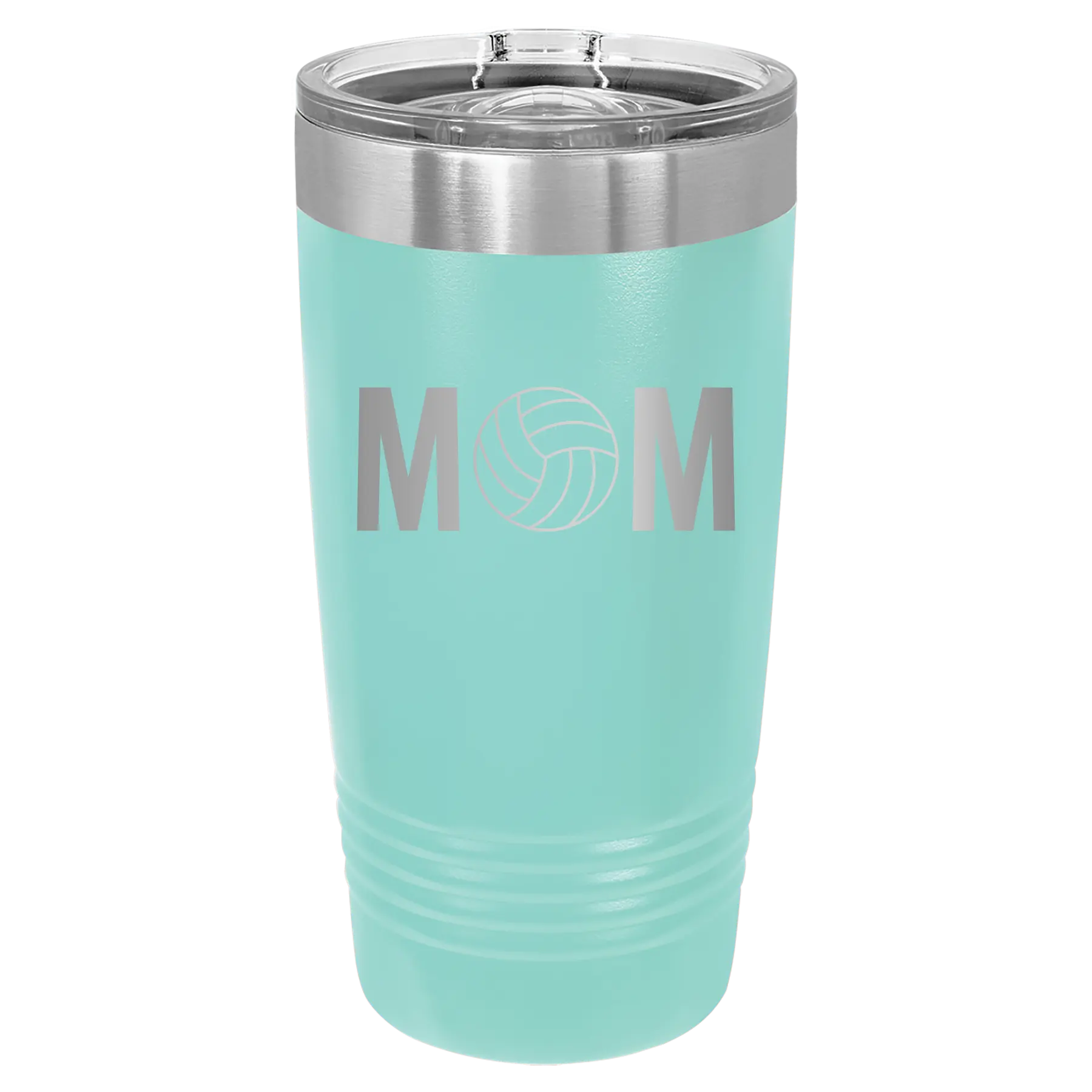 Laser etched teal 20 oz vacuum insulated tumbler with 'Mom Volleyball' design