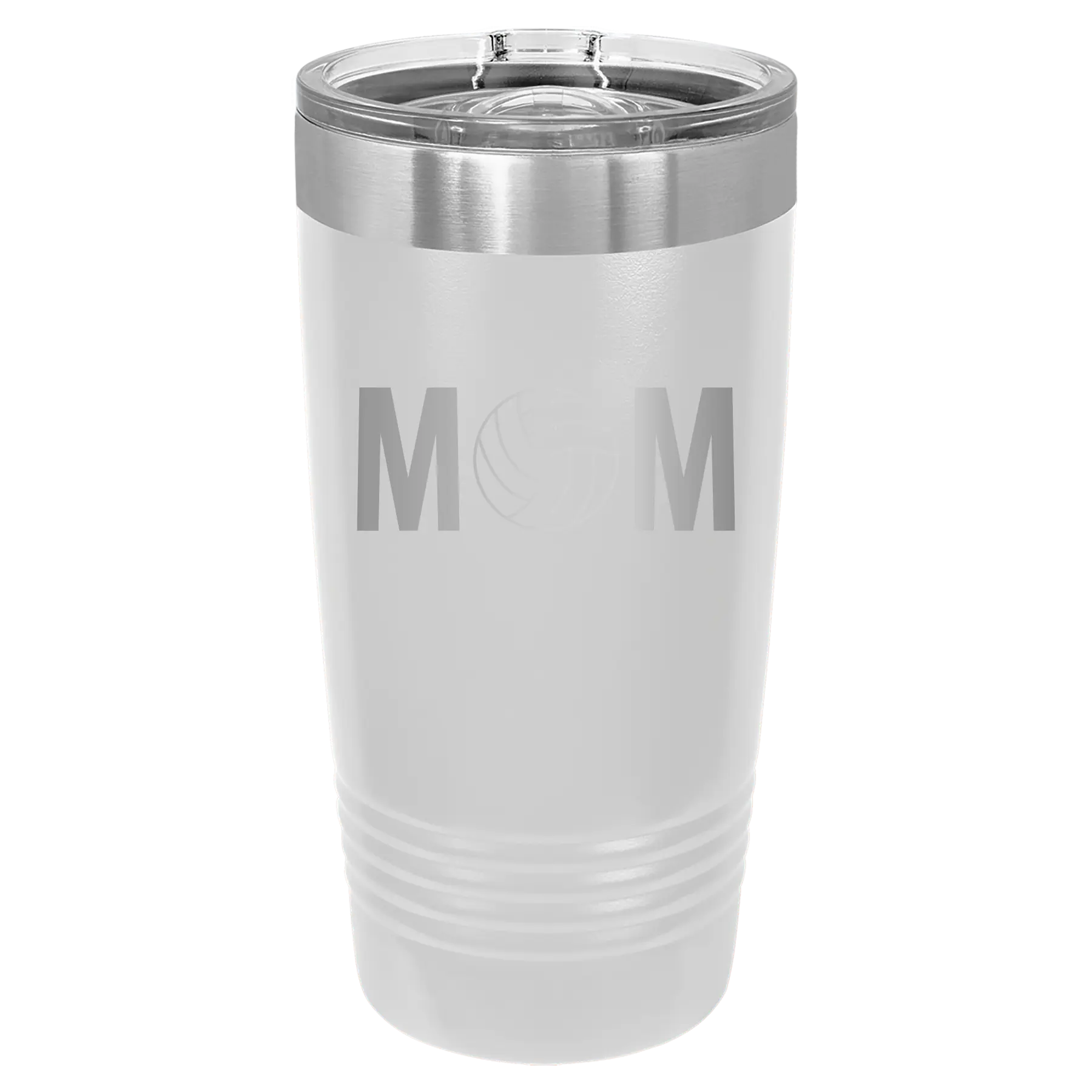 Laser etched white 20 oz vacuum insulated tumbler with 'Mom Volleyball' design