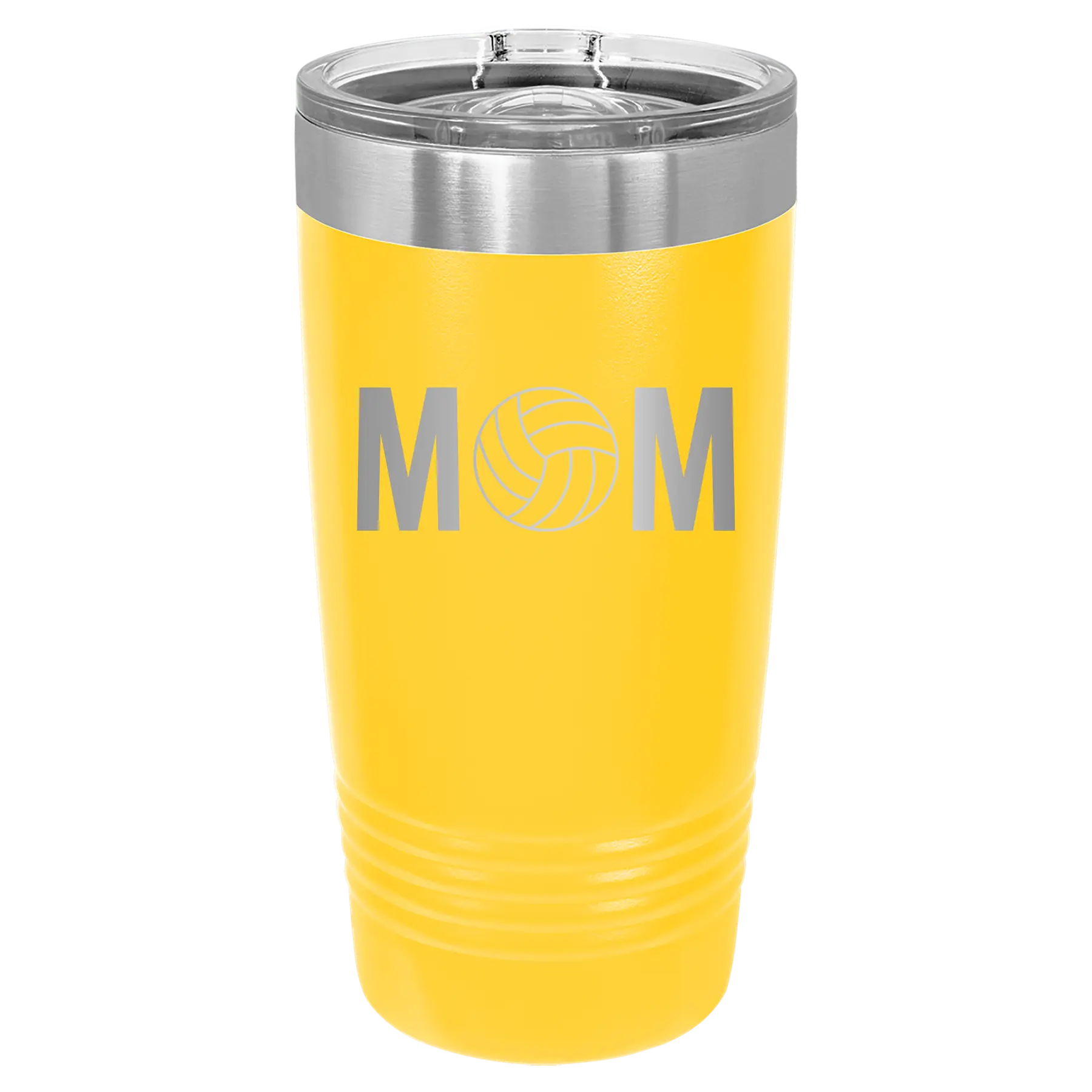 Laser etched yellow 20 oz vacuum insulated tumbler with 'Mom Volleyball' design