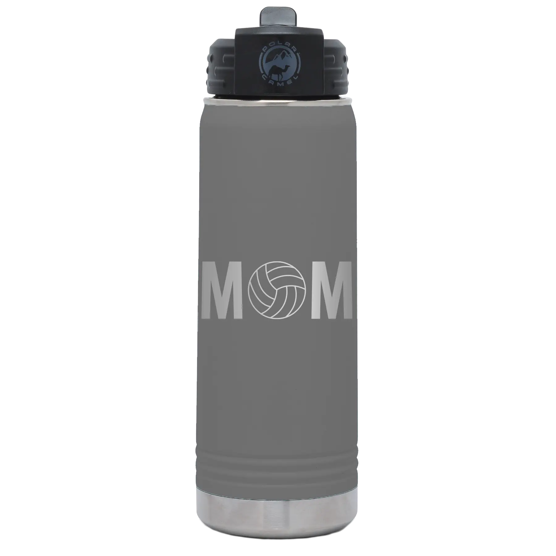 Laser etched dark gray 20 oz vacuum insulated water bottle with 'Mom Volleyball' design