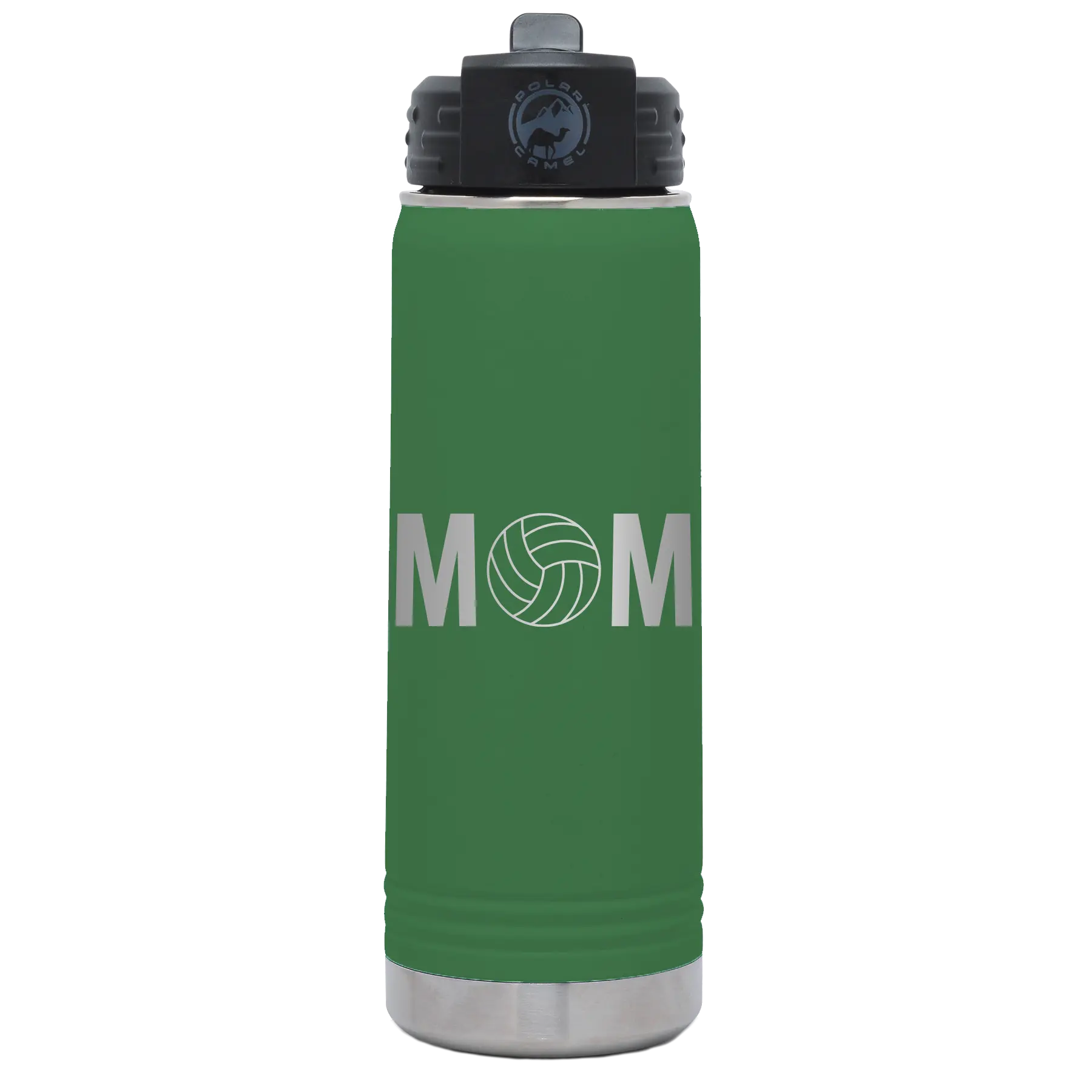 Laser etched green 20 oz vacuum insulated water bottle with 'Mom Volleyball' design