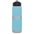 Laser etched light blue 20 oz vacuum insulated water bottle with 'Mom Volleyball' design
