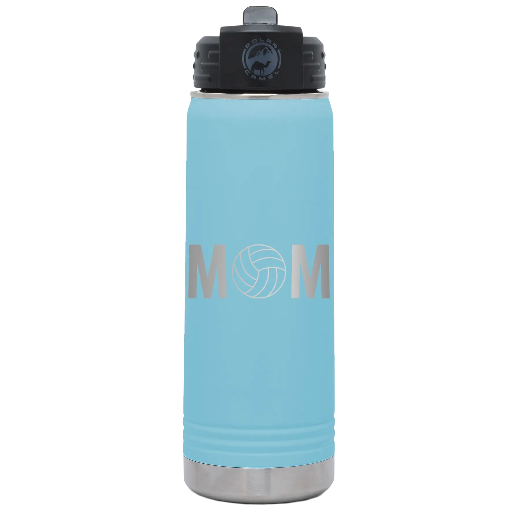 Laser etched light blue 20 oz vacuum insulated water bottle with 'Mom Volleyball' design