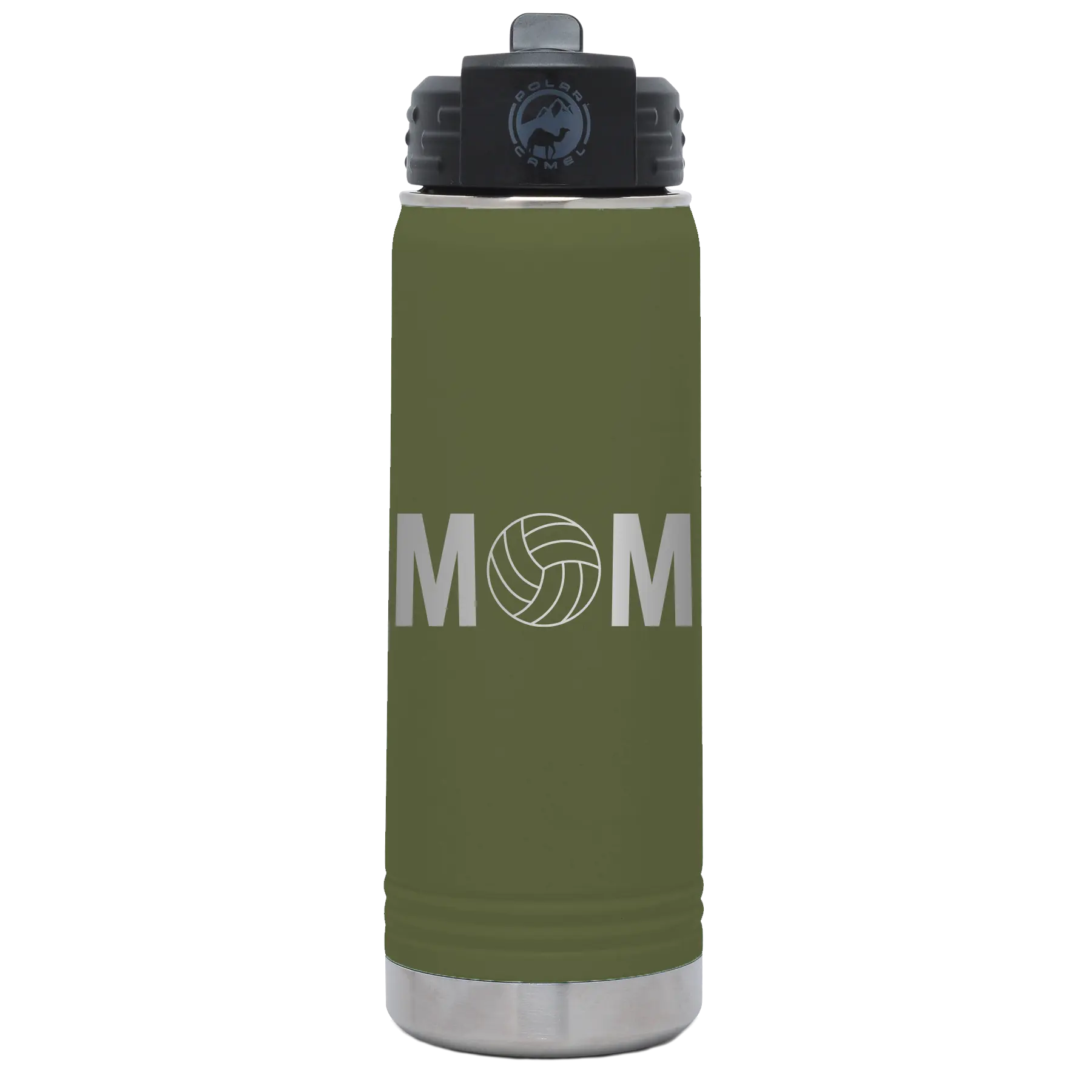 Laser etched olive green 20 oz vacuum insulated water bottle with 'Mom Volleyball' design