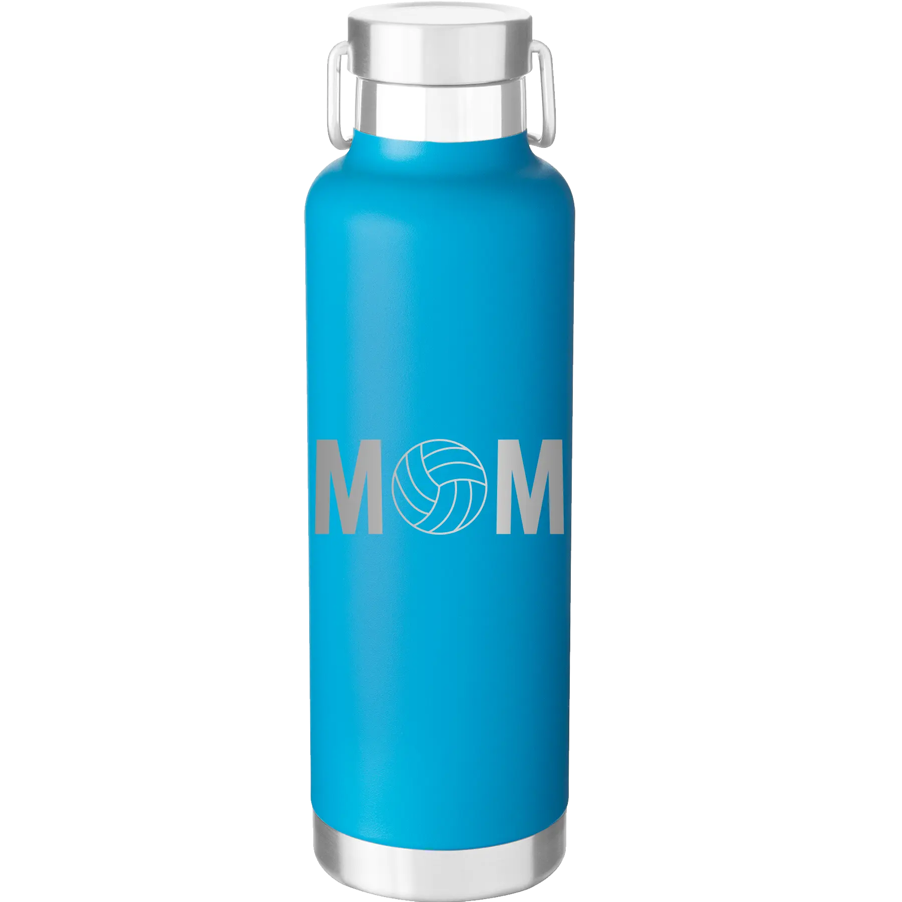 Laser etched aqua 24 oz vacuum insulated water bottle with 'Mom Volleyball' design
