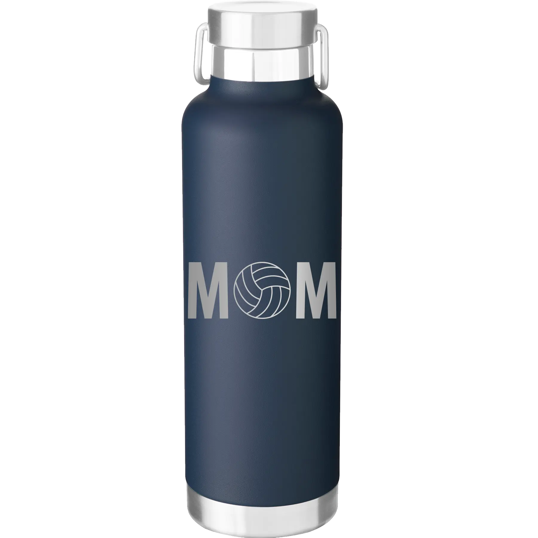 Laser etched navy 24 oz vacuum insulated water bottle with 'Mom Volleyball' design