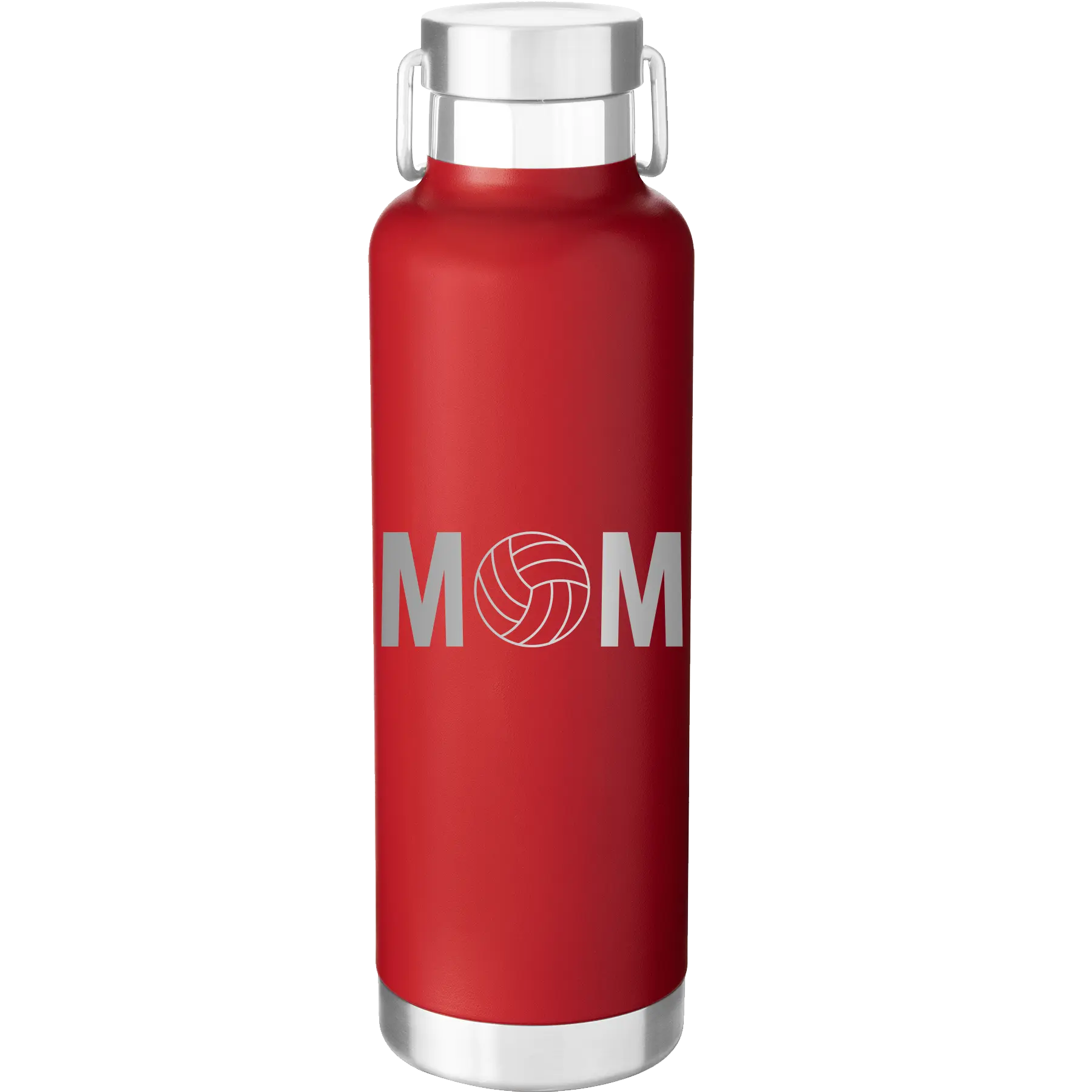 Laser etched red 24 oz vacuum insulated water bottle with 'Mom Volleyball' design