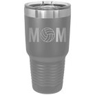 Laser etched dark gray 30 oz vacuum insulated tumbler with 'Mom Volleyball' design