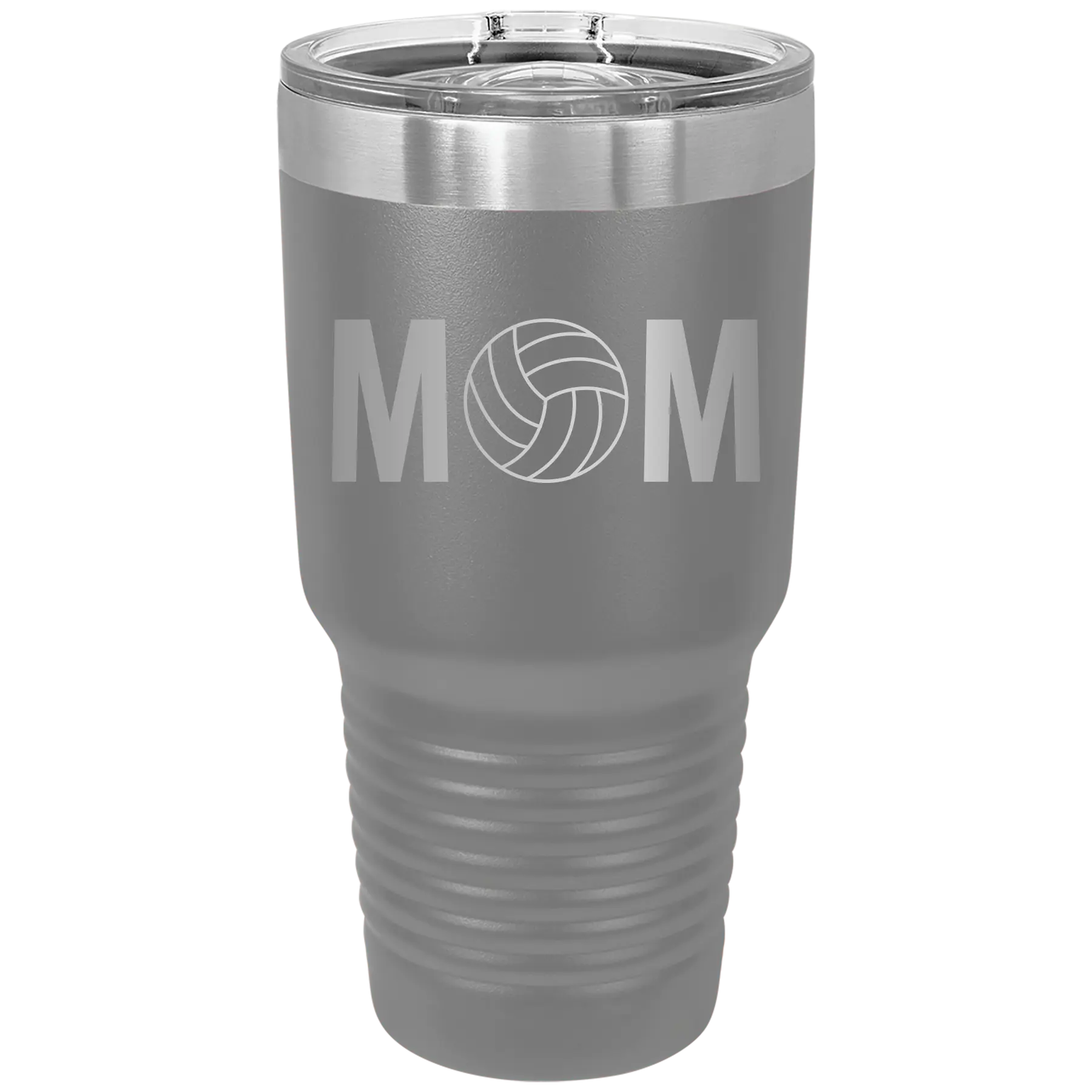 Laser etched dark gray 30 oz vacuum insulated tumbler with 'Mom Volleyball' design