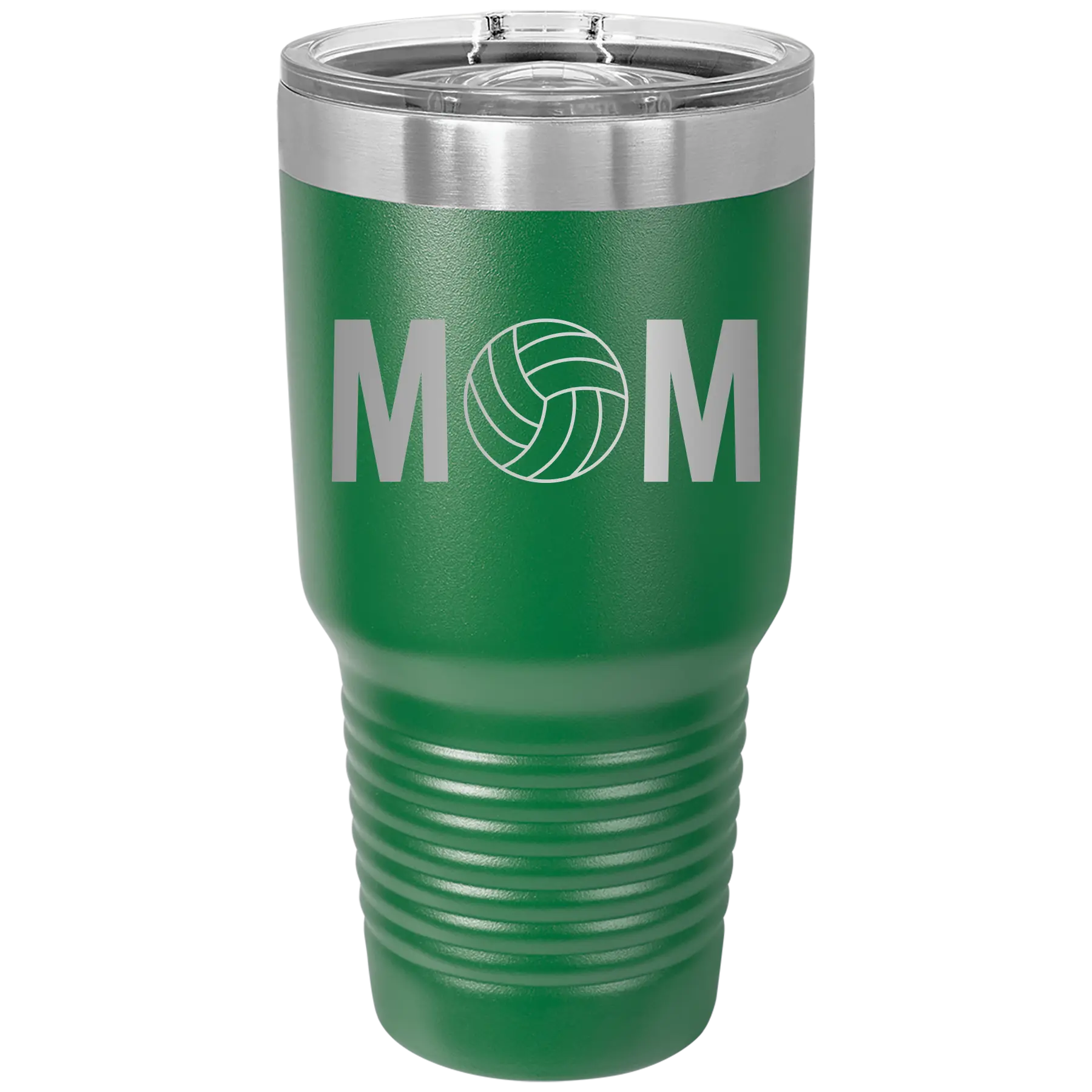 Laser etched green 30 oz vacuum insulated tumbler with 'Mom Volleyball' design