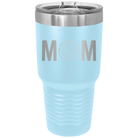 Laser etched light blue 30 oz vacuum insulated tumbler with 'Mom Volleyball' design