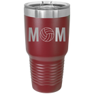Laser etched maroon 30 oz vacuum insulated tumbler with 'Mom Volleyball' design