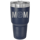 Laser etched navy 30 oz vacuum insulated tumbler with 'Mom Volleyball' design