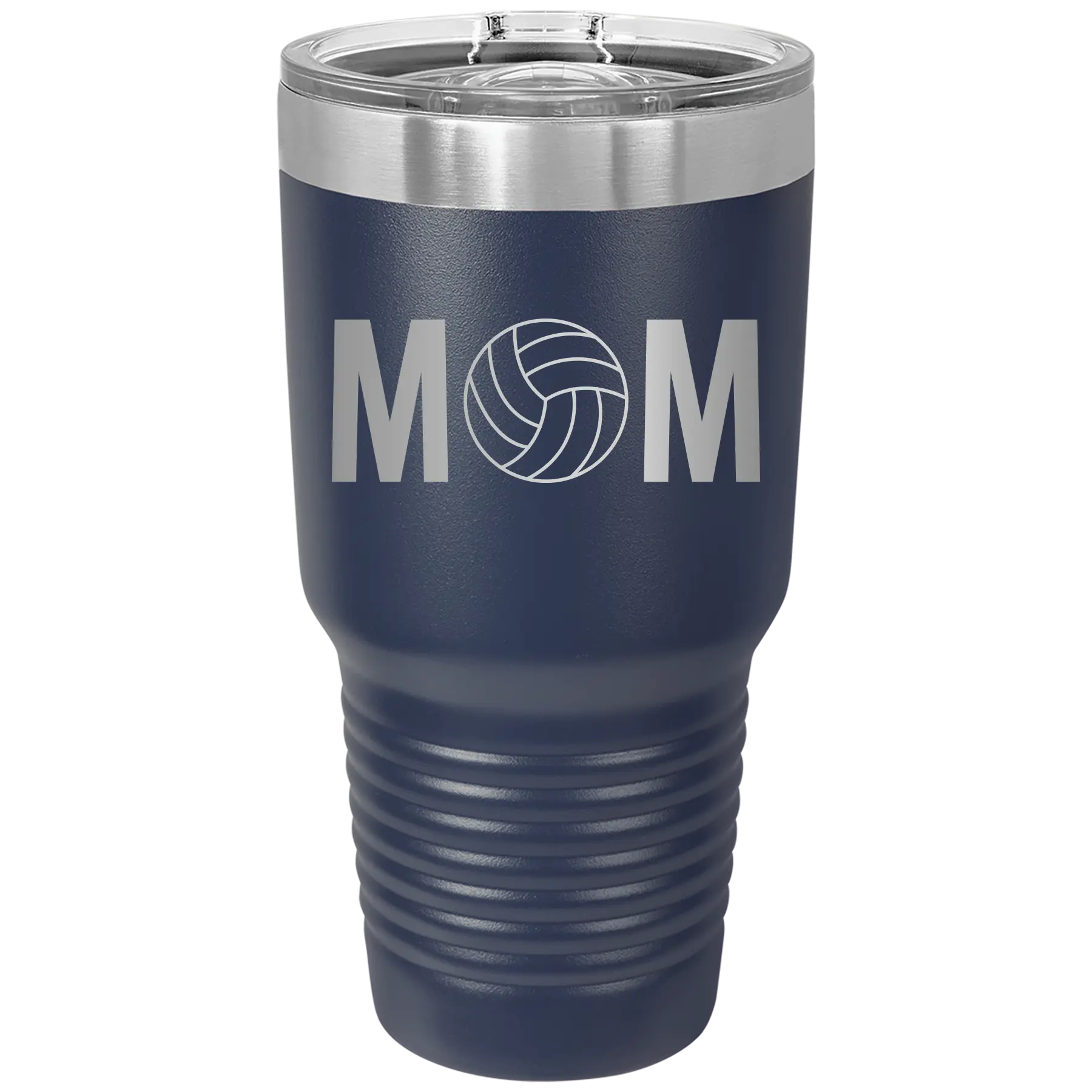 Laser etched navy 30 oz vacuum insulated tumbler with 'Mom Volleyball' design