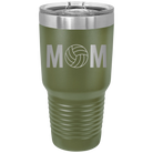 Laser etched olive green 30 oz vacuum insulated tumbler with 'Mom Volleyball' design