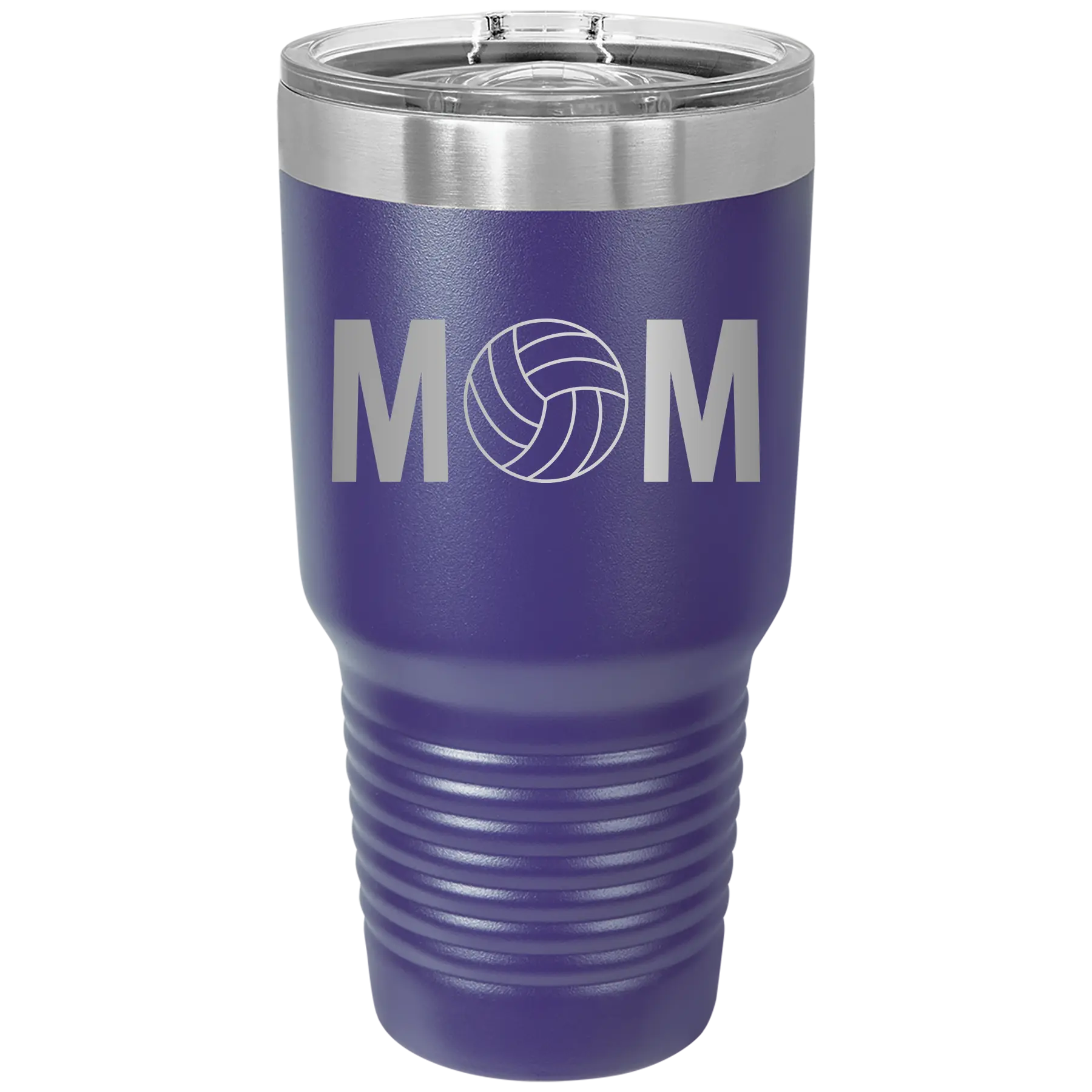 Laser etched purple 30 oz vacuum insulated tumbler with 'Mom Volleyball' design