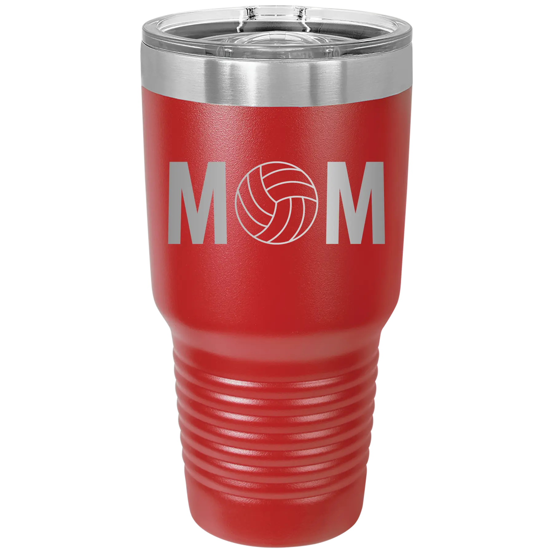 Laser etched red 30 oz vacuum insulated tumbler with 'Mom Volleyball' design