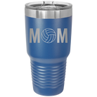 Laser etched royal blue 30 oz vacuum insulated tumbler with 'Mom Volleyball' design